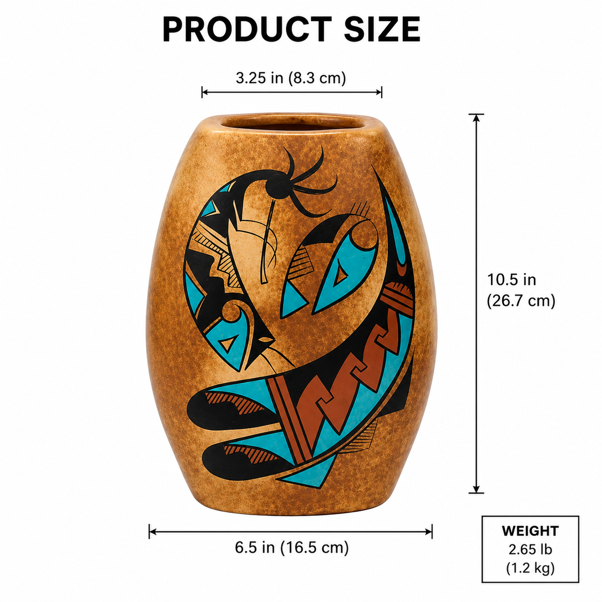 Product size diagram of a hand-painted clay pot with dimensions and weight shown on a white background. The pot is brown with turquoise, black, and orange geometric patterns.