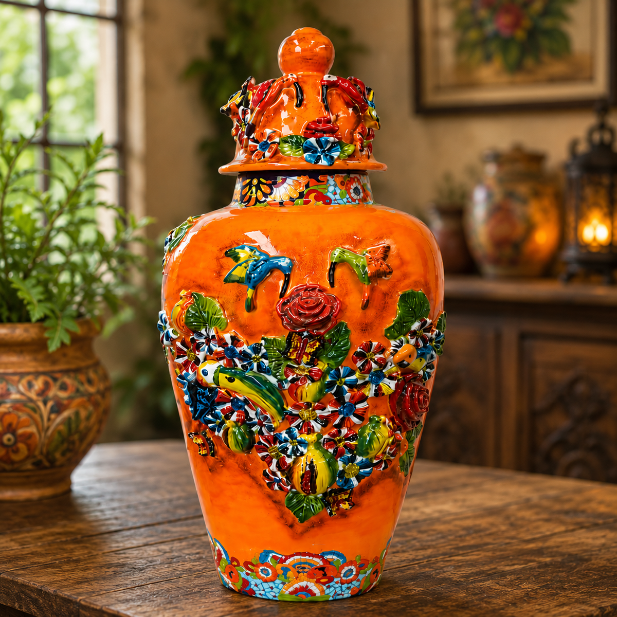 An orange ceramic lidded vase with a highly detailed, colorful hand-painted floral and bird design, displayed on a rustic wooden table in a warm, decorated room.
