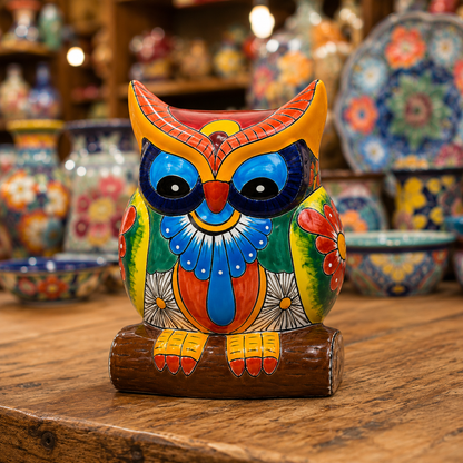Ceramic Owl Figurine with Floral Pattern
