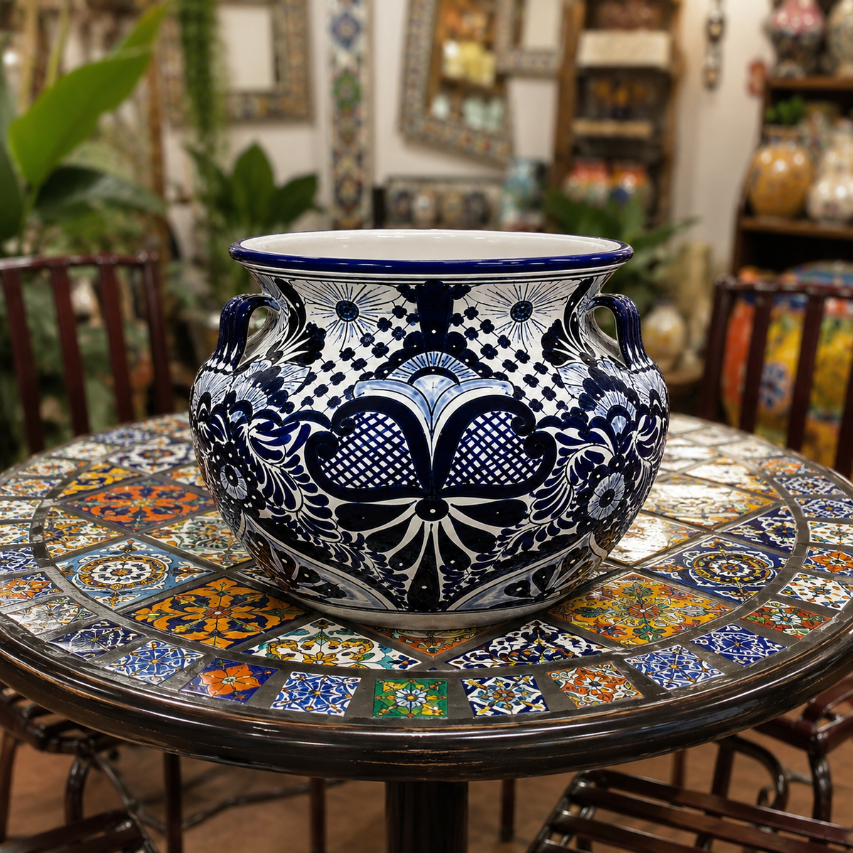 Hand Painted Ceramic Round Planter with Handles