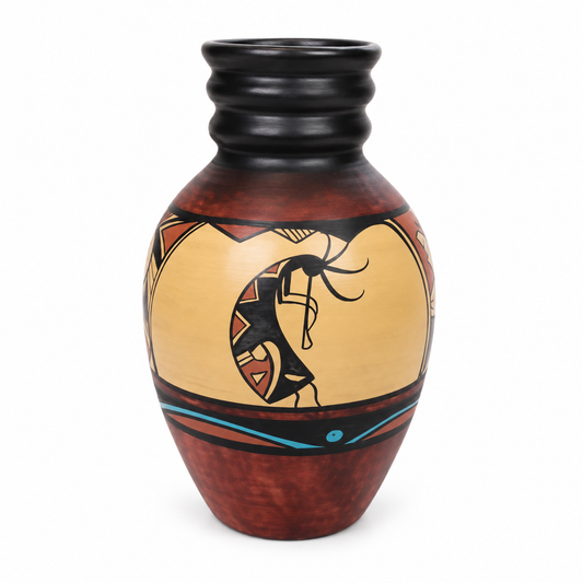 A hand-painted wooden African-style vase with a dark brown and black textured finish, featuring a hand-drawn figure in black, beige, and red on the front, and a light blue accent stripe near the base.