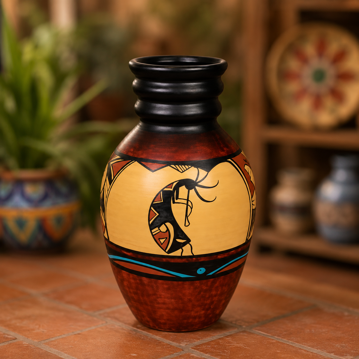 A hand-painted ceramic vase with a textured reddish-brown base, a black ribbed neck, and a beige body decorated with a black and red geometric figure and turquoise accents, set on a terracotta tile floor with a blurred rustic background.