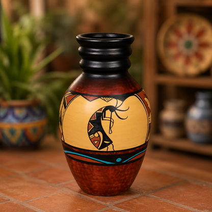 A hand-painted ceramic vase with a textured reddish-brown base, a black ribbed neck, and a beige body decorated with a black and red geometric figure and turquoise accents, set on a terracotta tile floor with a blurred rustic background.