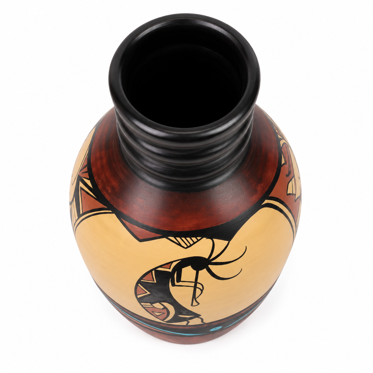 A hand-painted ceramic bottle vase with a dark reddish-brown neck, a beige body, and black and red geometric designs, shown on a white background.