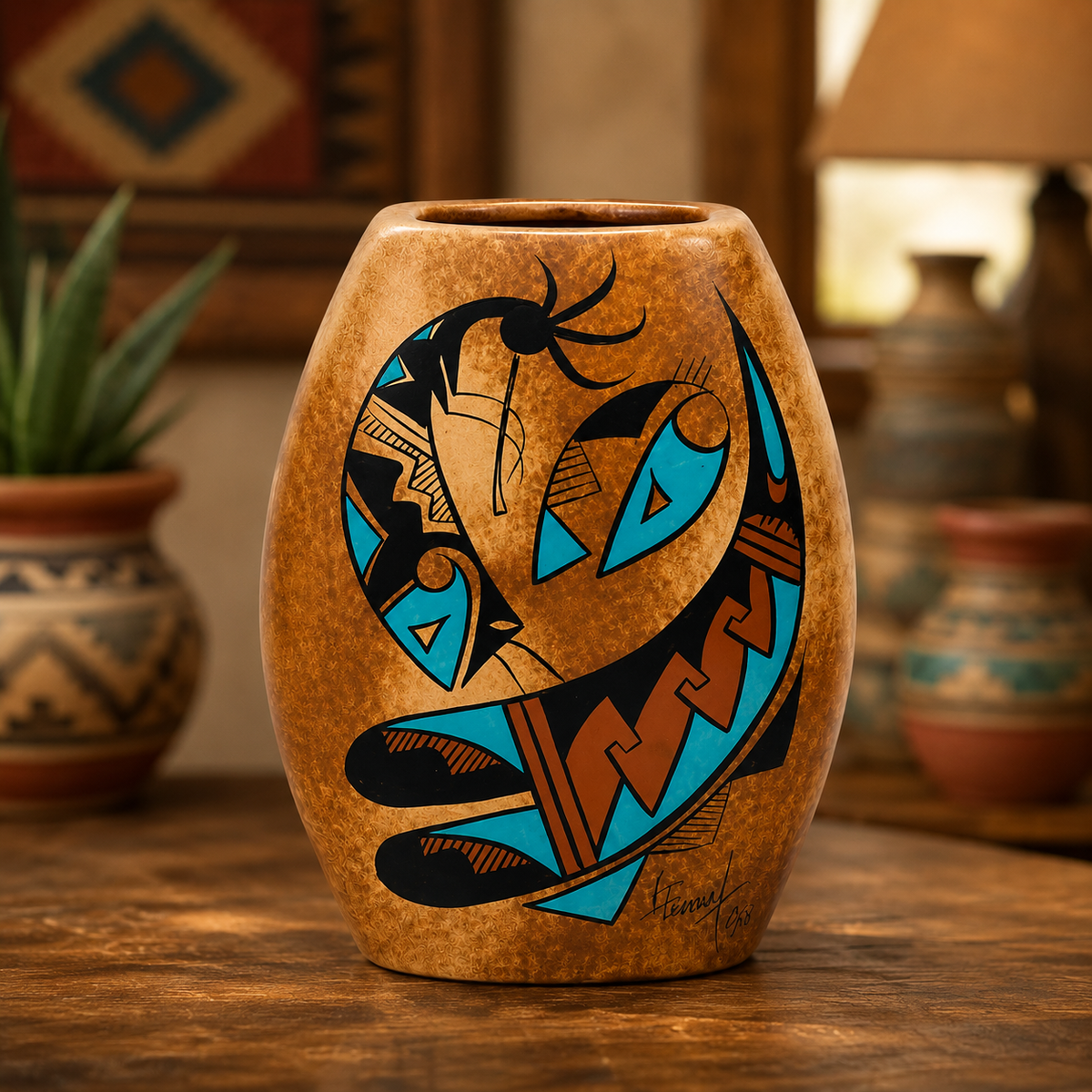 A brown textured ceramic vase with a stylized face design in turquoise, black, and brown, sitting on a wooden table in a warm, rustic room setting.