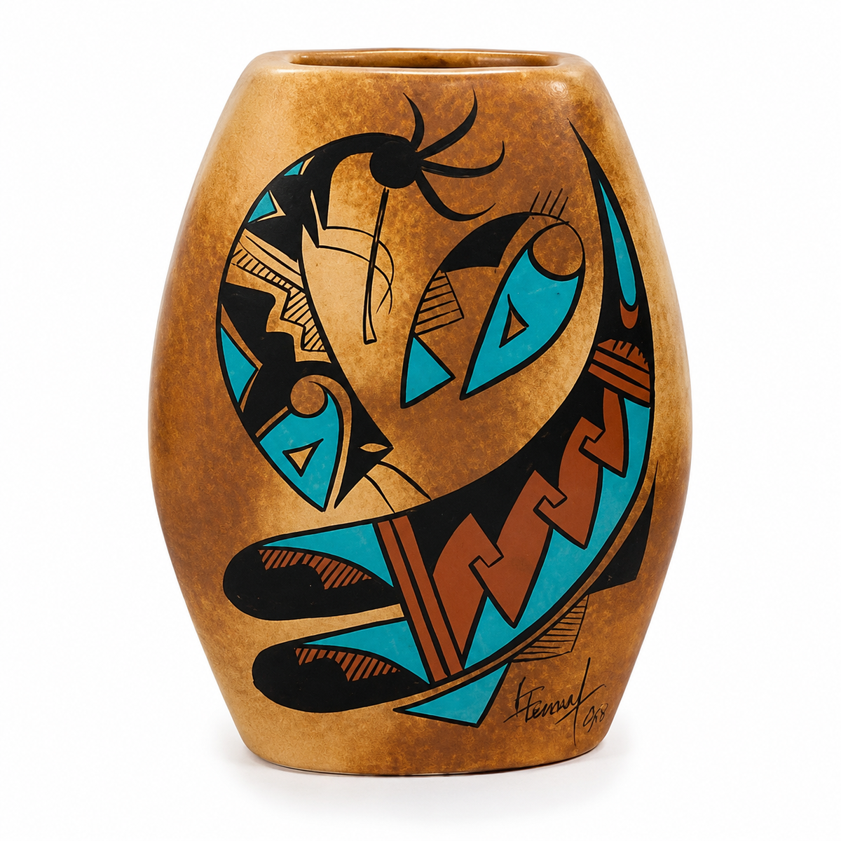 A brown ceramic vase with a hand-painted abstract face design in turquoise, black, and terracotta on a white background.