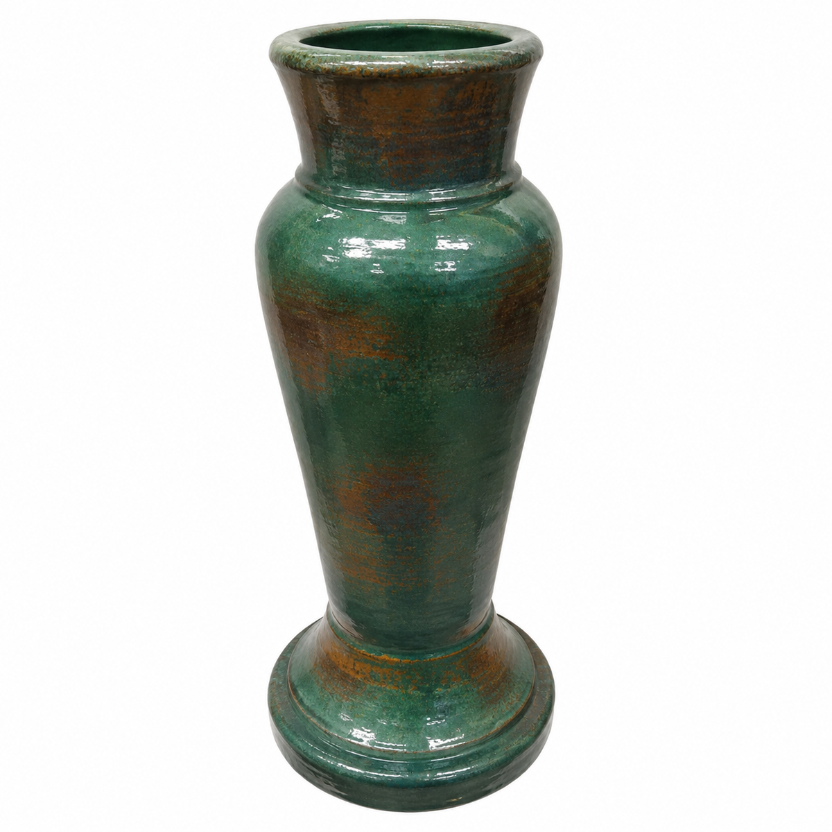 A glossy ceramic vase with a flared rim and pedestal base, featuring a textured green glaze with brown and bronze mottled accents, isolated on a white background.