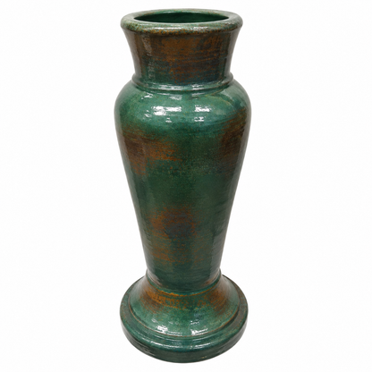 A glossy ceramic vase with a flared rim and pedestal base, featuring a textured green glaze with brown and bronze mottled accents, isolated on a white background.
