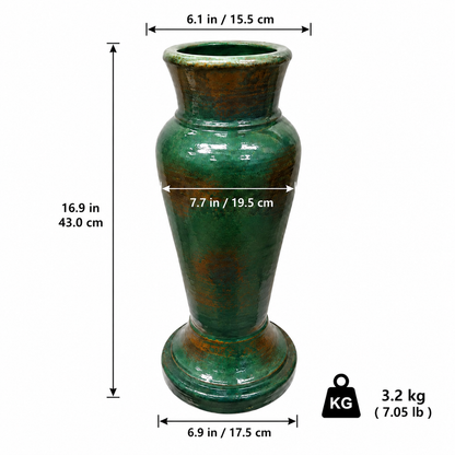 A green glazed ceramic vase with dimension markings showing height, neck diameter, base diameter, and weight on a white background.