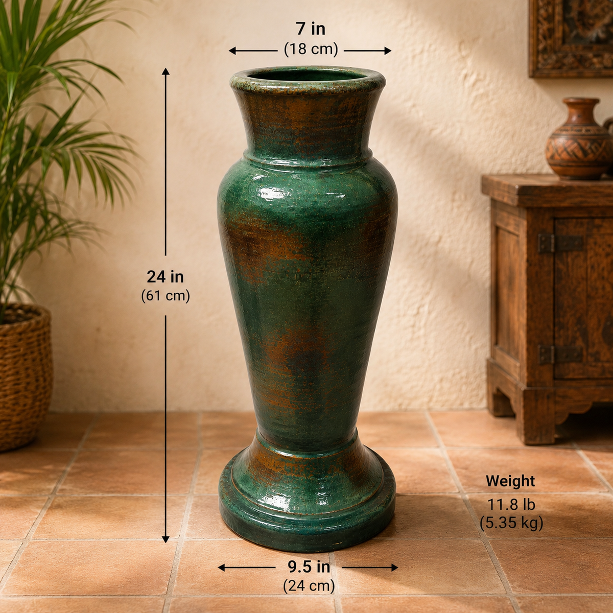 A green glazed ceramic vase with brown distressed accents, shown on a tiled floor with dimension arrows and text indicating 24 in height, 7 in top diameter, 9.5 in base diameter, and weight 11.